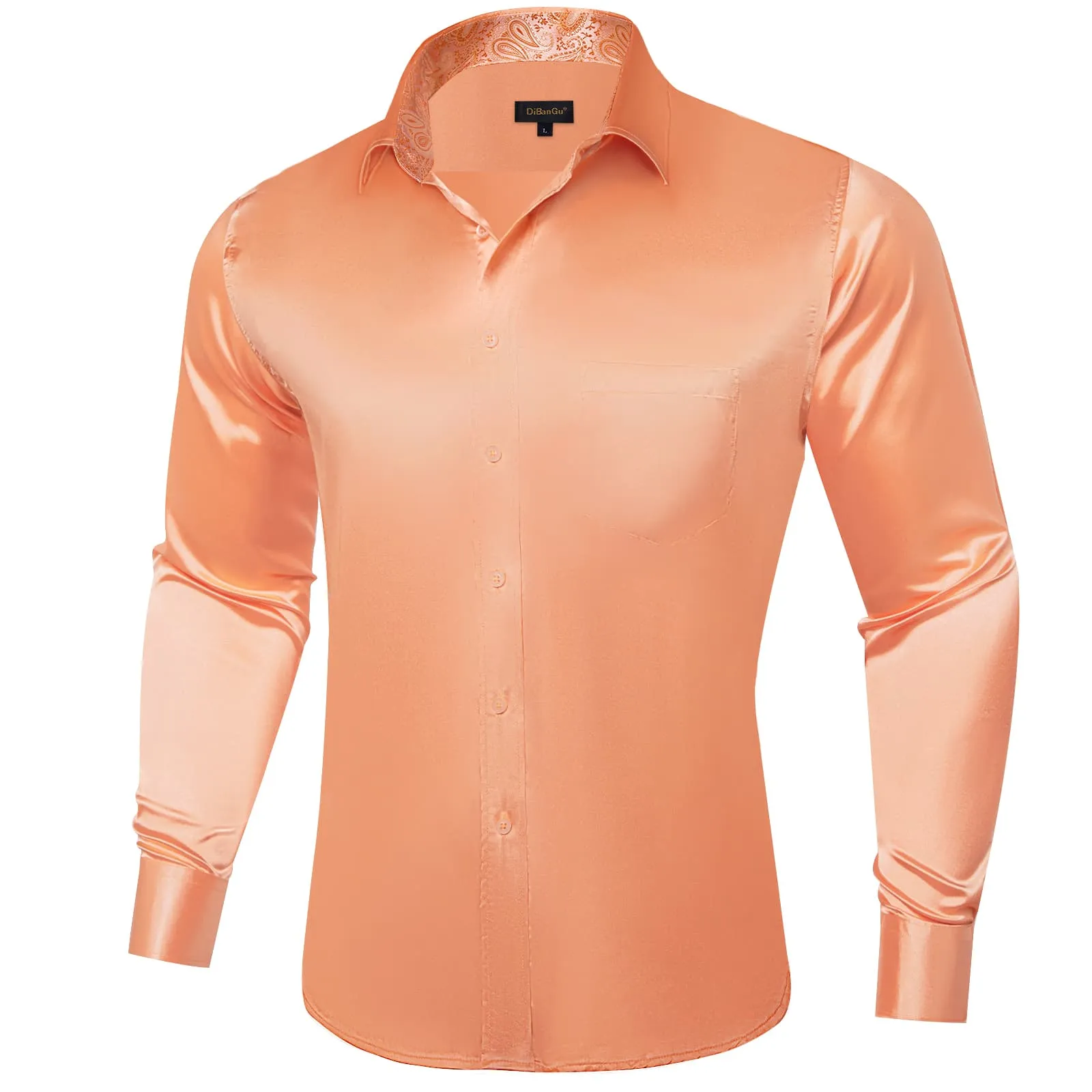 DiBanGu Collar Shirt Light Salmon Orange Satin Splicing Solid Button Down Mens Shirt