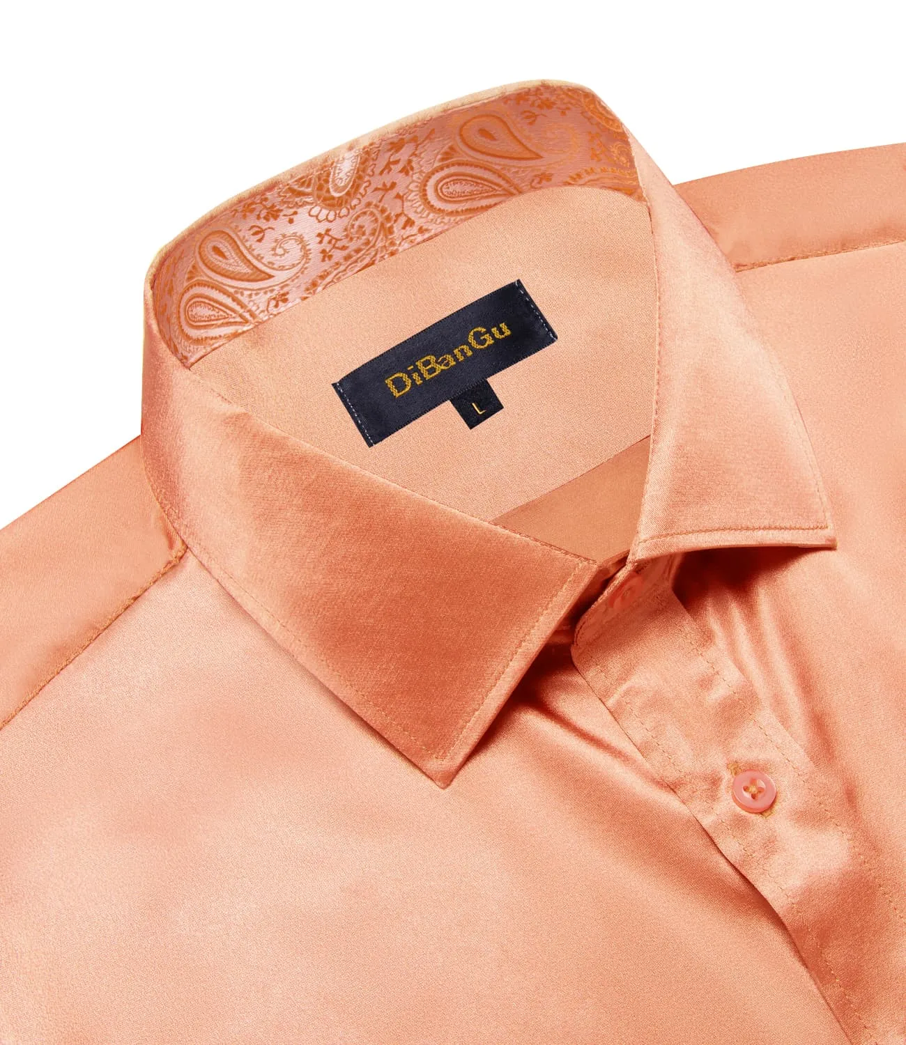 DiBanGu Collar Shirt Light Salmon Orange Satin Splicing Solid Button Down Mens Shirt