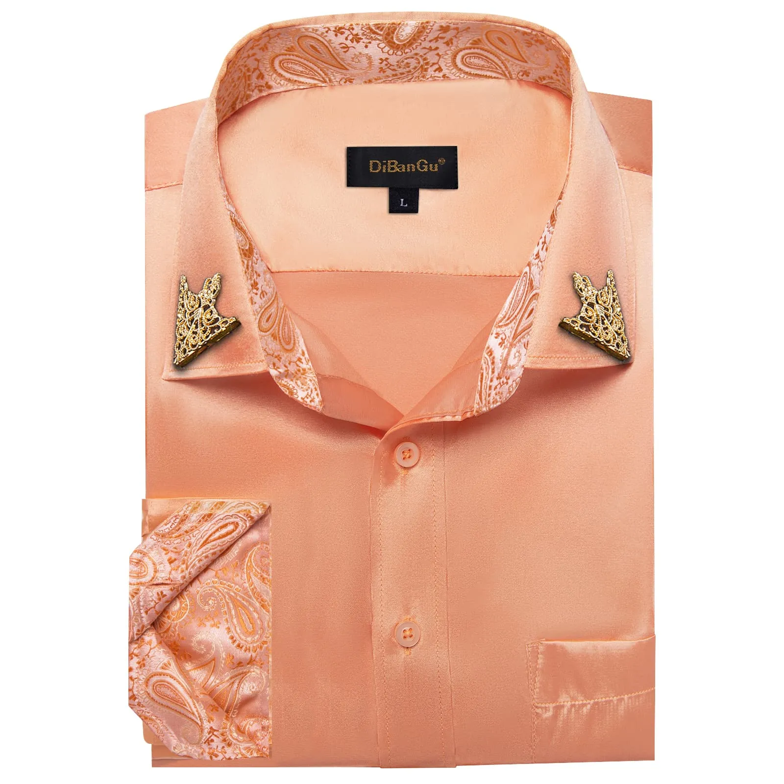 DiBanGu Collar Shirt Light Salmon Orange Satin Splicing Solid Button Down Mens Shirt