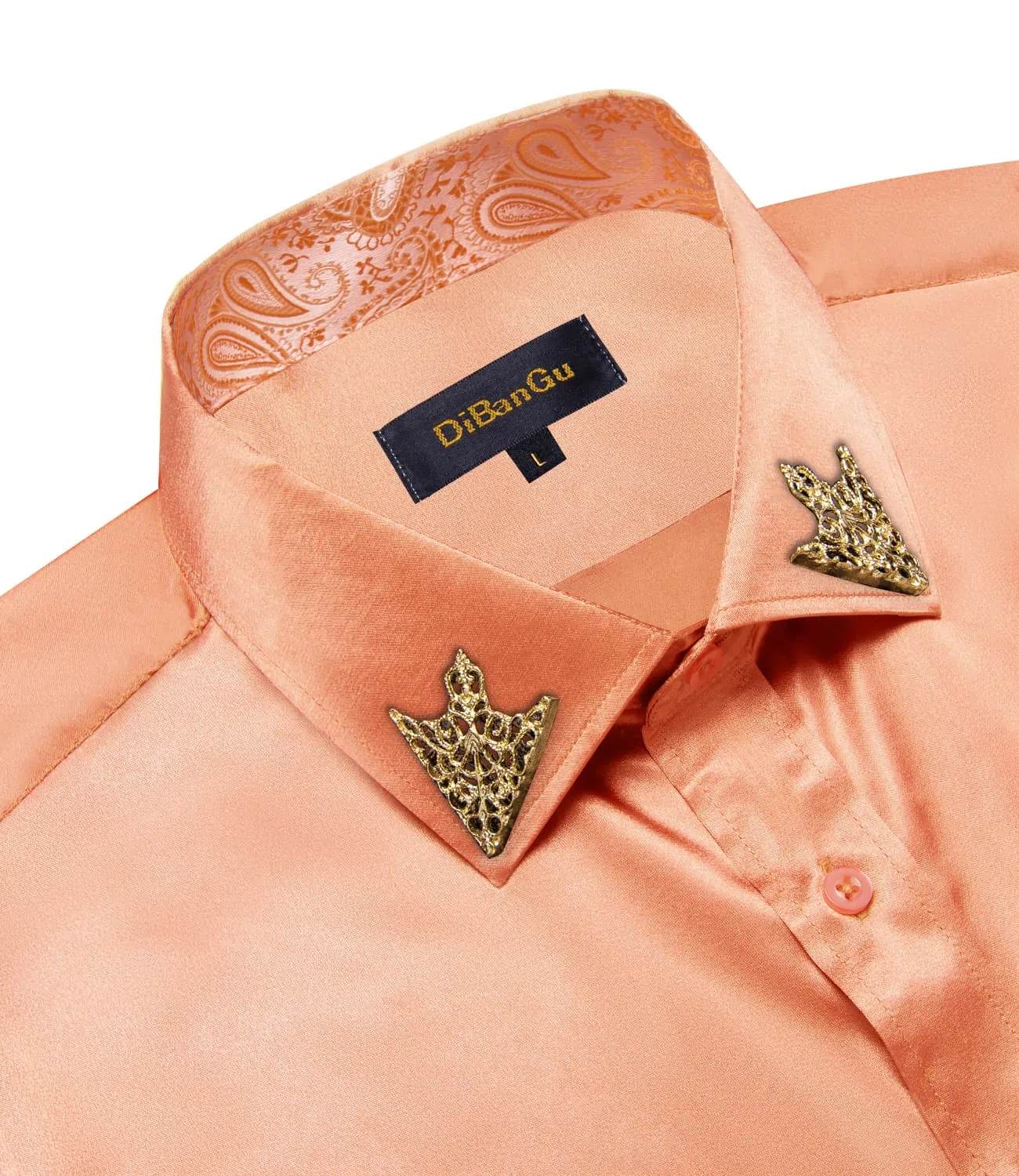 DiBanGu Collar Shirt Light Salmon Orange Satin Splicing Solid Button Down Mens Shirt
