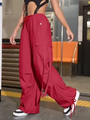 Drawstring Waist Flap Pocket Side Casual Cargo Pants