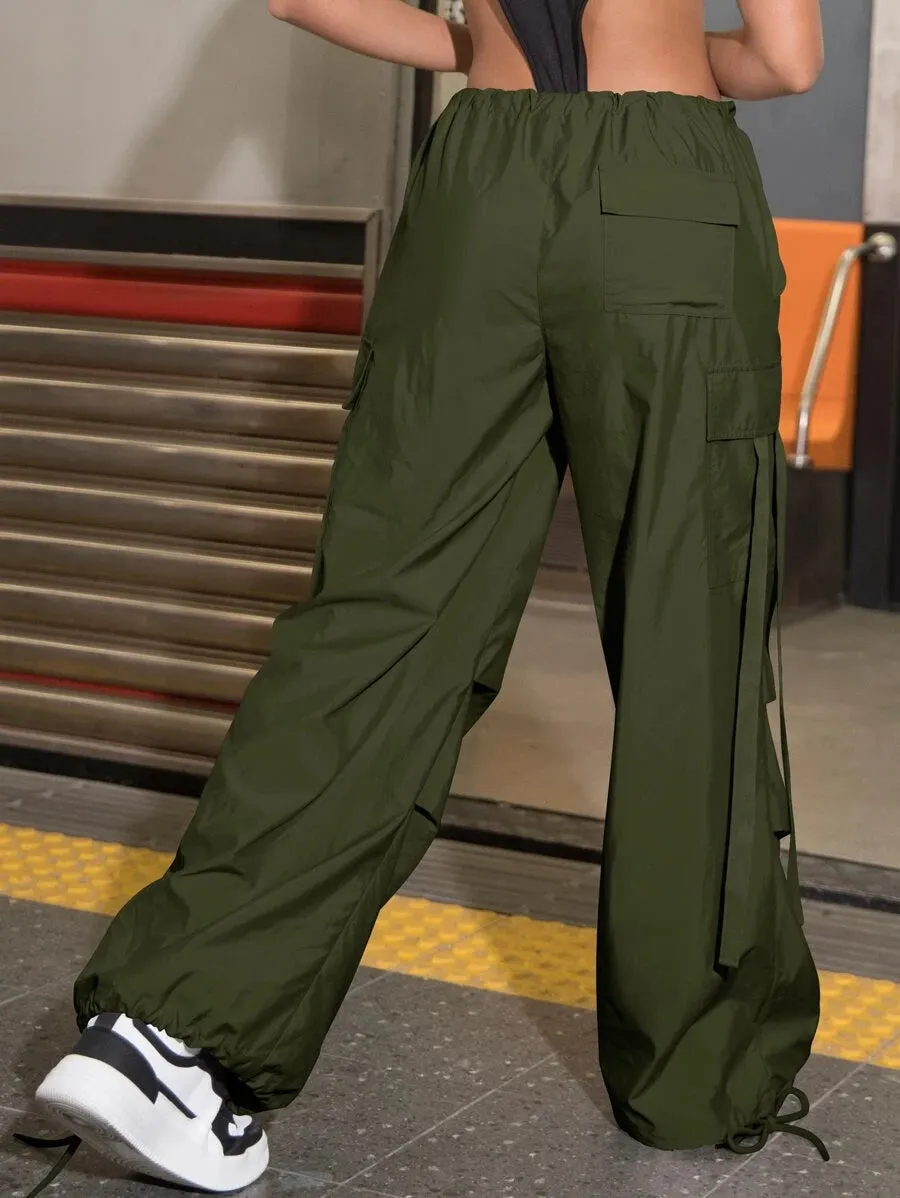 Drawstring Waist Flap Pocket Side Casual Cargo Pants