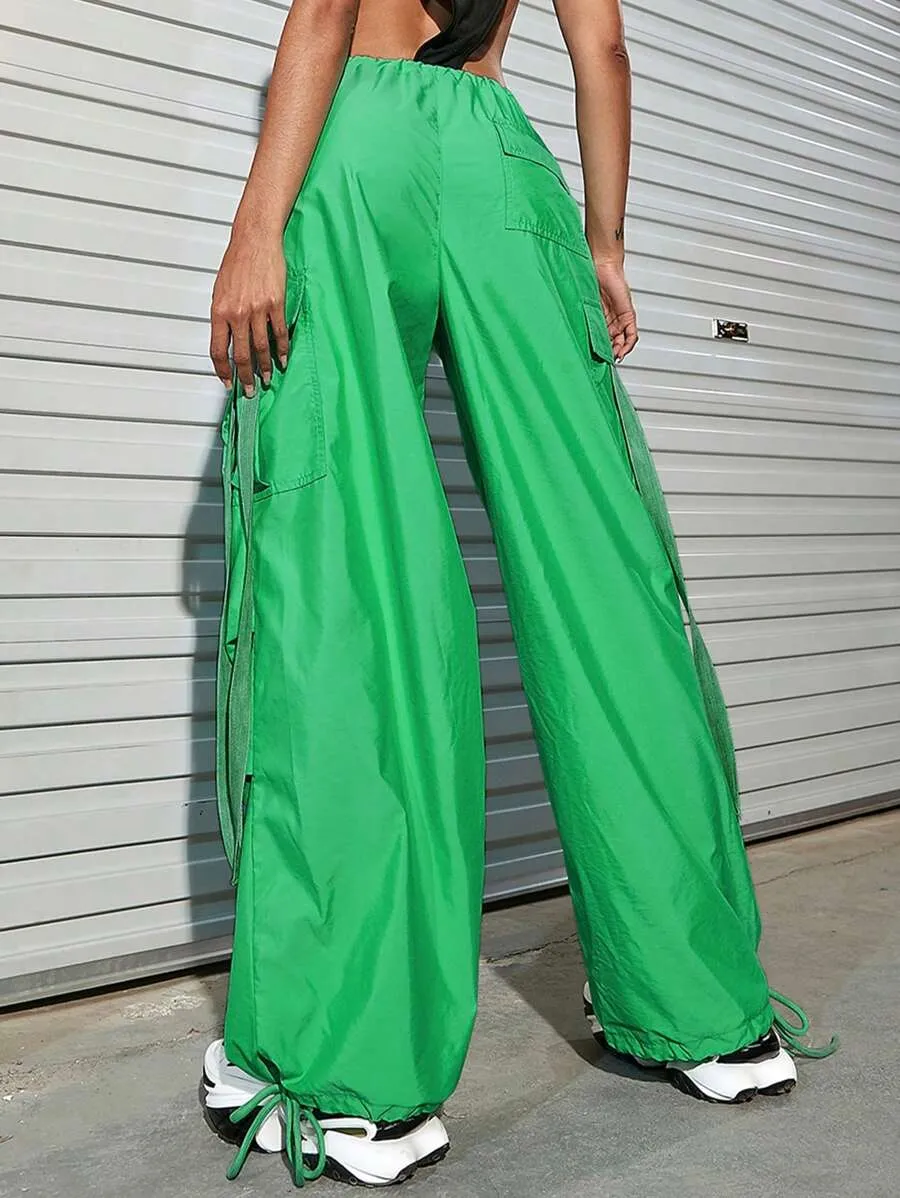 Drawstring Waist Flap Pocket Side Casual Cargo Pants