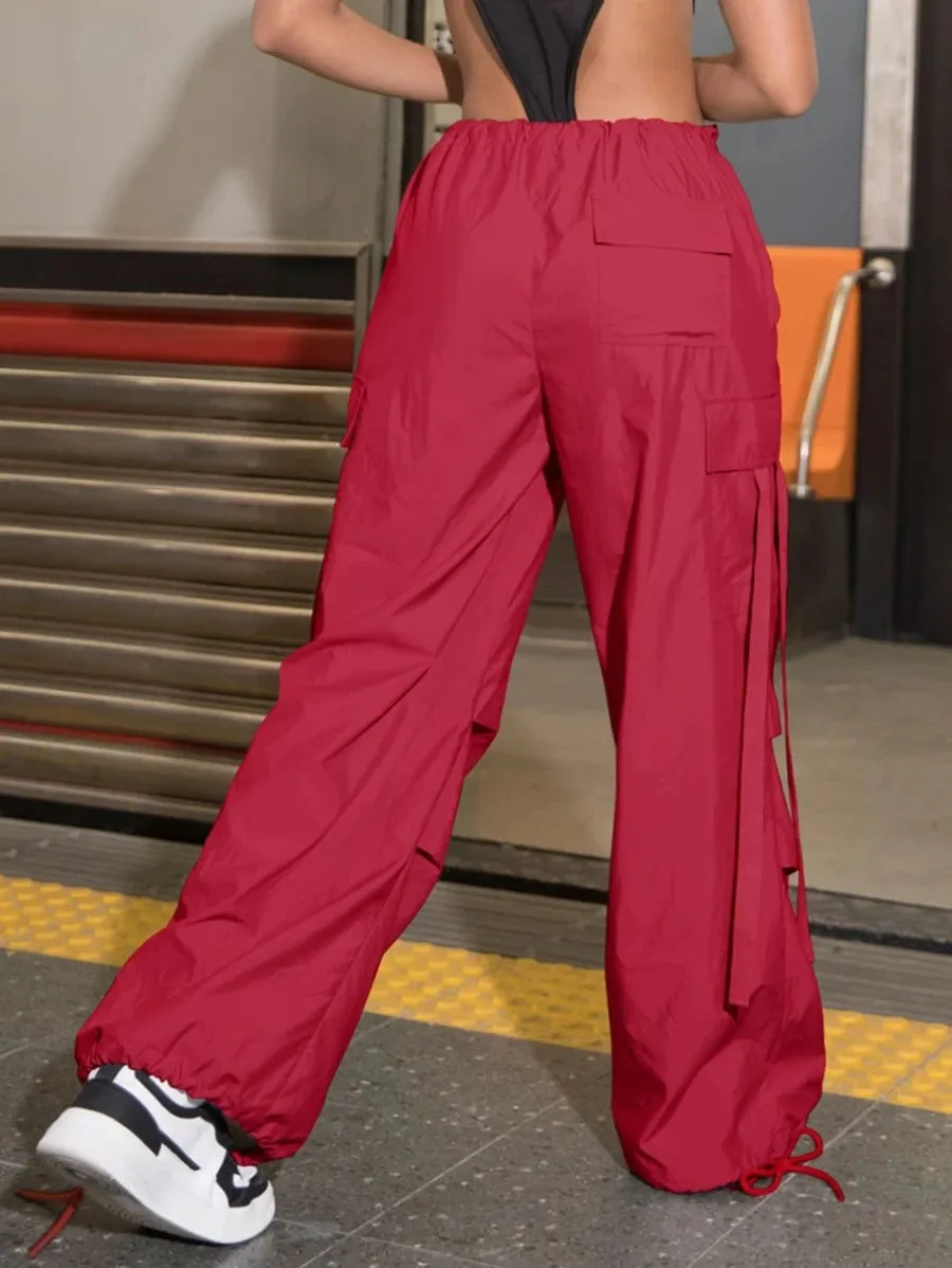 Drawstring Waist Flap Pocket Side Casual Cargo Pants