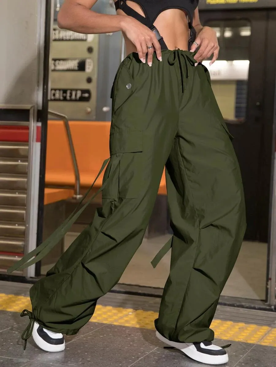 Drawstring Waist Flap Pocket Side Casual Cargo Pants