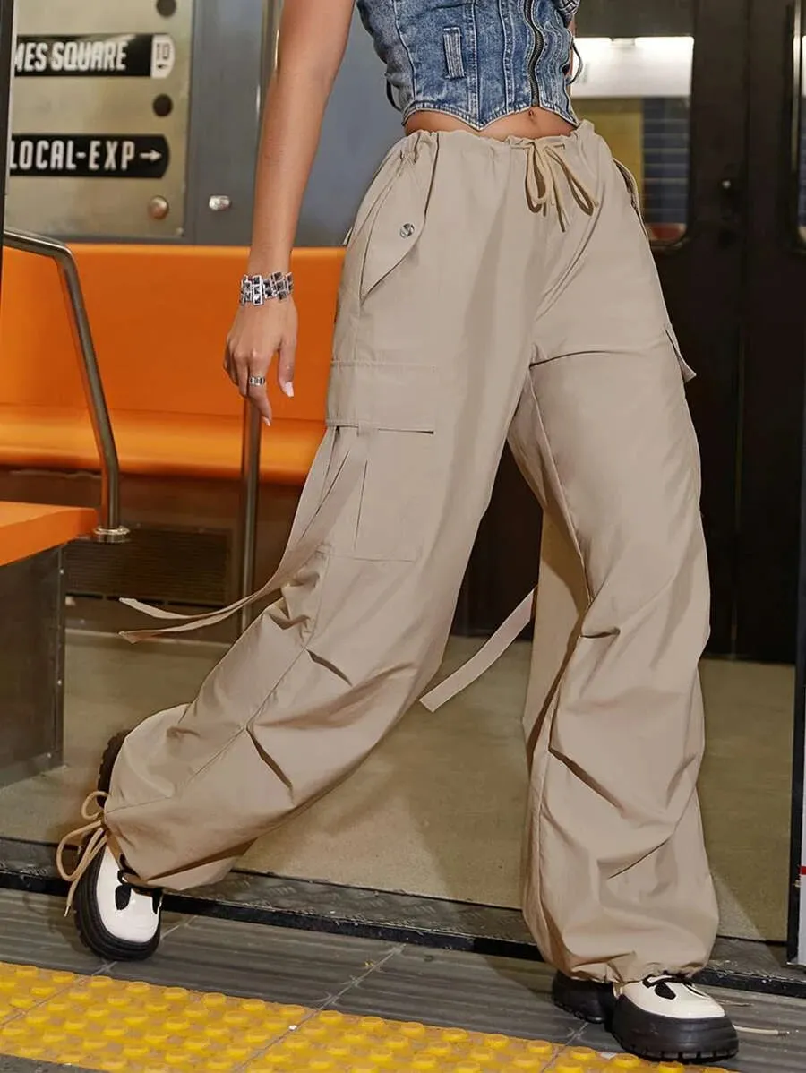 Drawstring Waist Flap Pocket Side Casual Cargo Pants