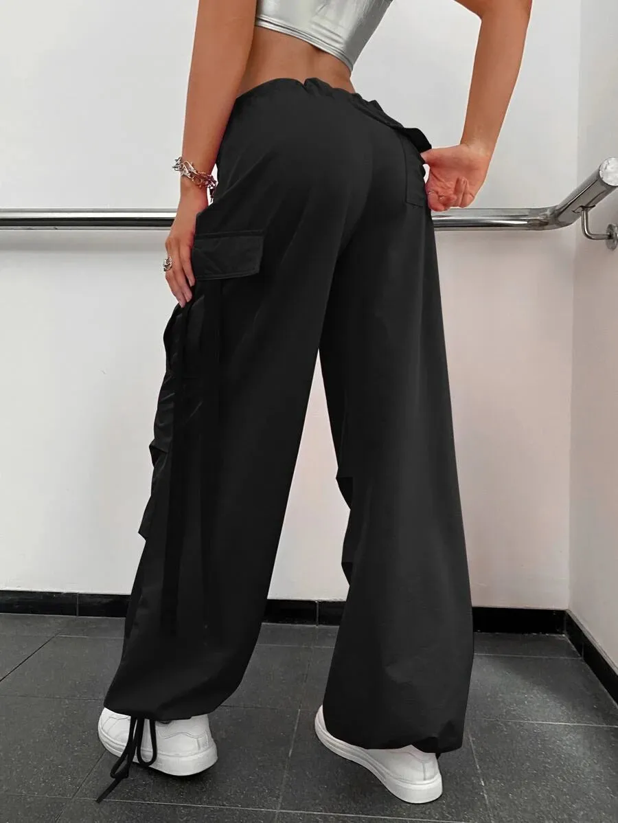 Drawstring Waist Flap Pocket Side Casual Cargo Pants