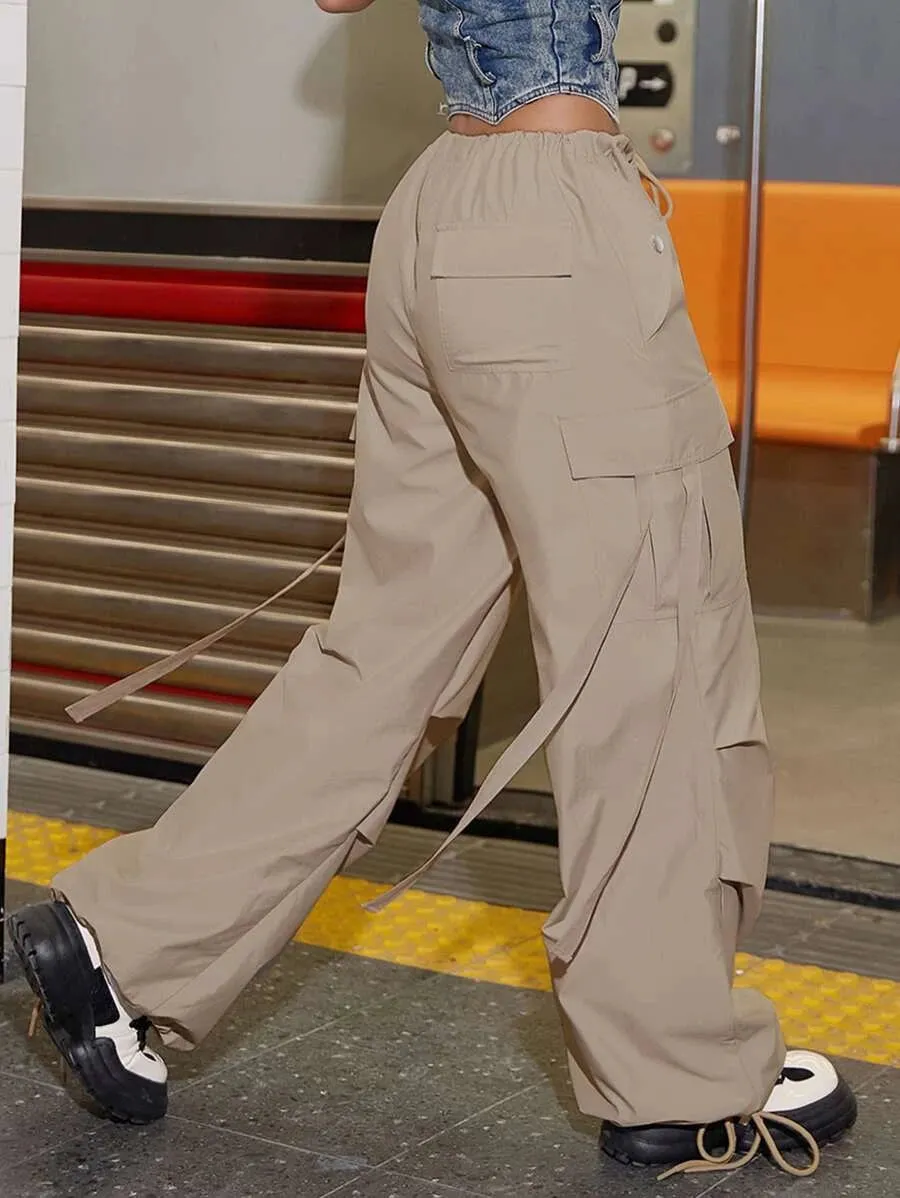 Drawstring Waist Flap Pocket Side Casual Cargo Pants