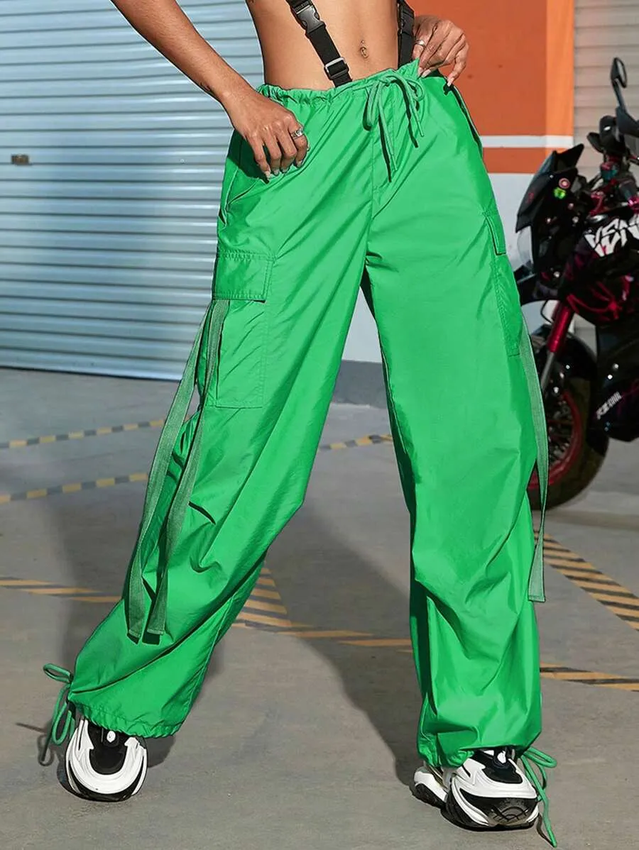 Drawstring Waist Flap Pocket Side Casual Cargo Pants
