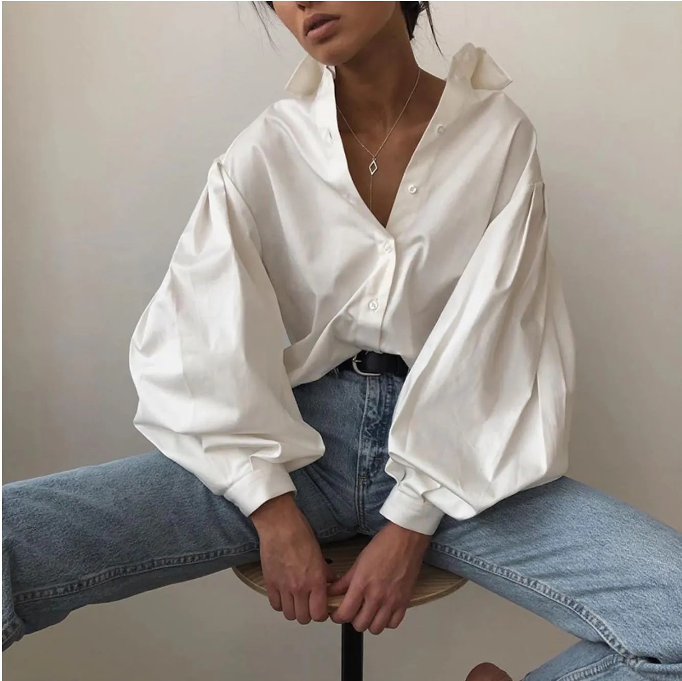 Elegant Lantern Sleeve Turn Down Collar Shirt Blouse