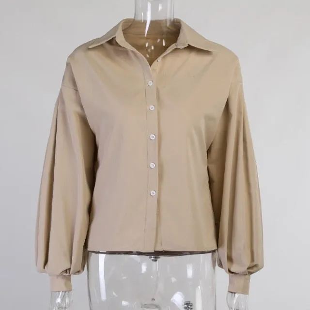 Elegant Lantern Sleeve Turn Down Collar Shirt Blouse