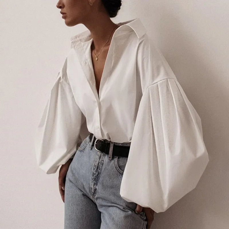 Elegant Lantern Sleeve Turn Down Collar Shirt Blouse