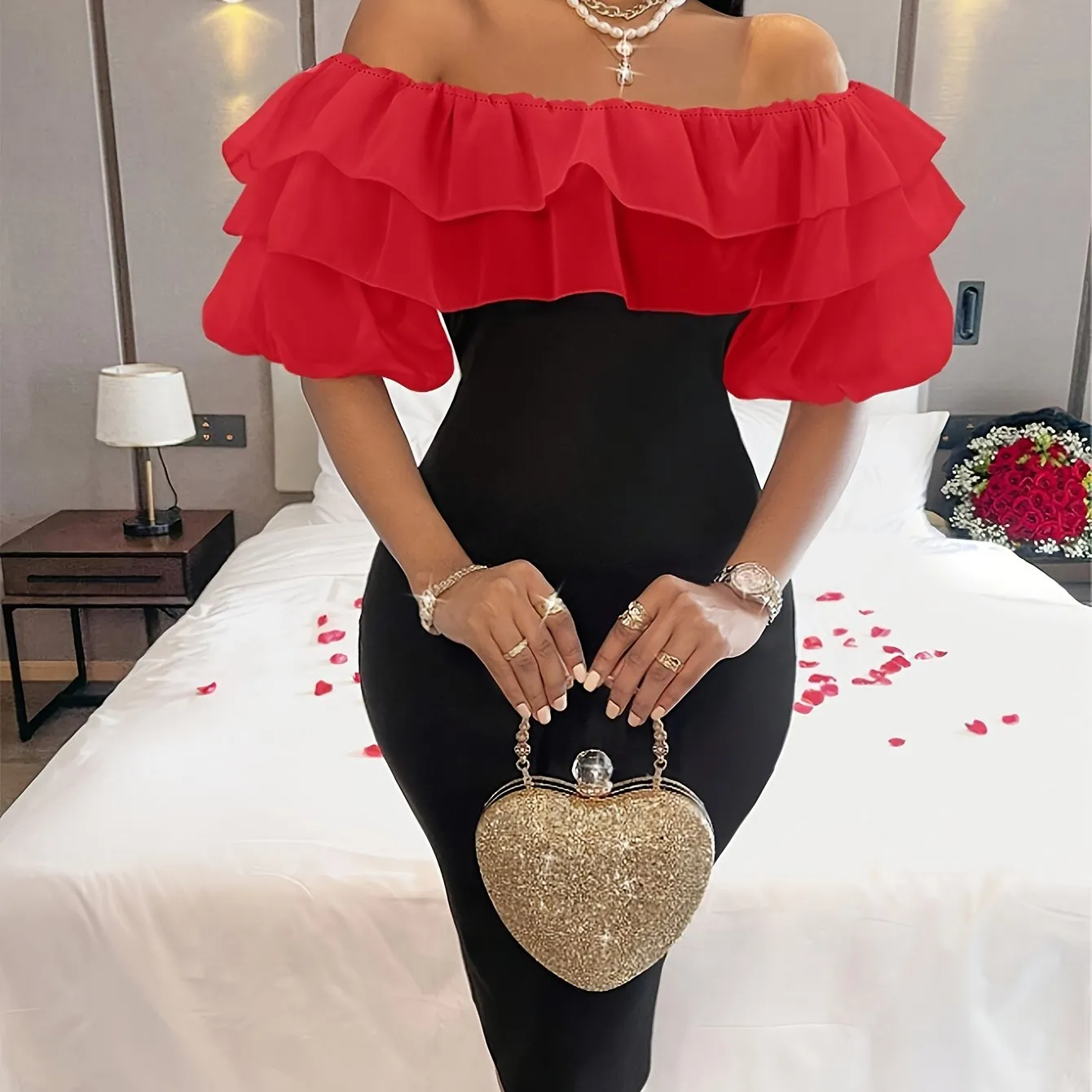 Elegant Off-Shoulder Red Ruffle Bodycon Dress