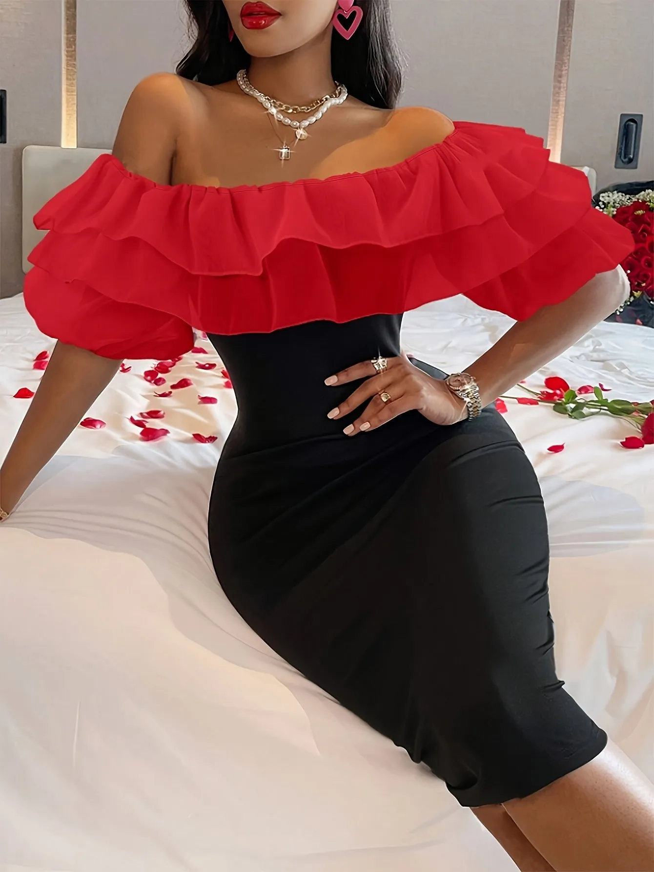 Elegant Off-Shoulder Red Ruffle Bodycon Dress