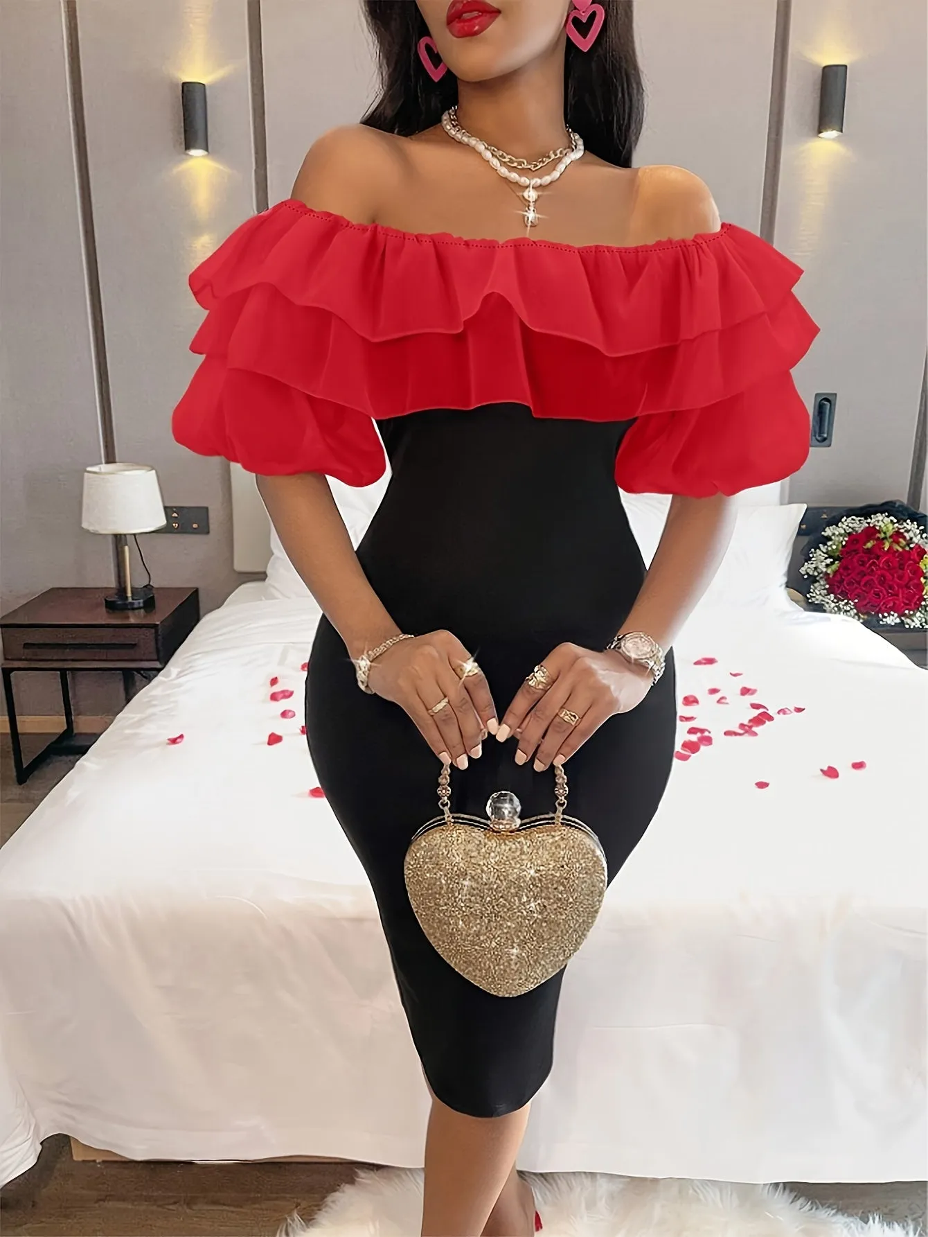 Elegant Off-Shoulder Red Ruffle Bodycon Dress