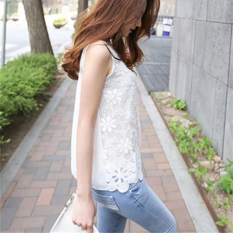Elegant Sleeveless Blusas Crochet Casual Shirt
