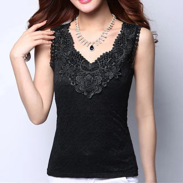 Elegant Sleeveless Blusas Crochet Casual Shirt