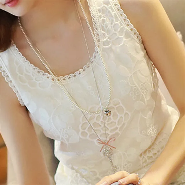 Elegant Sleeveless Blusas Crochet Casual Shirt