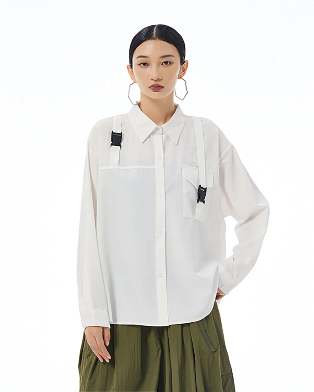ellazhu Women's Long Sleeve Lapel Button Down Solid Color Pocket Loose Shirt GE37