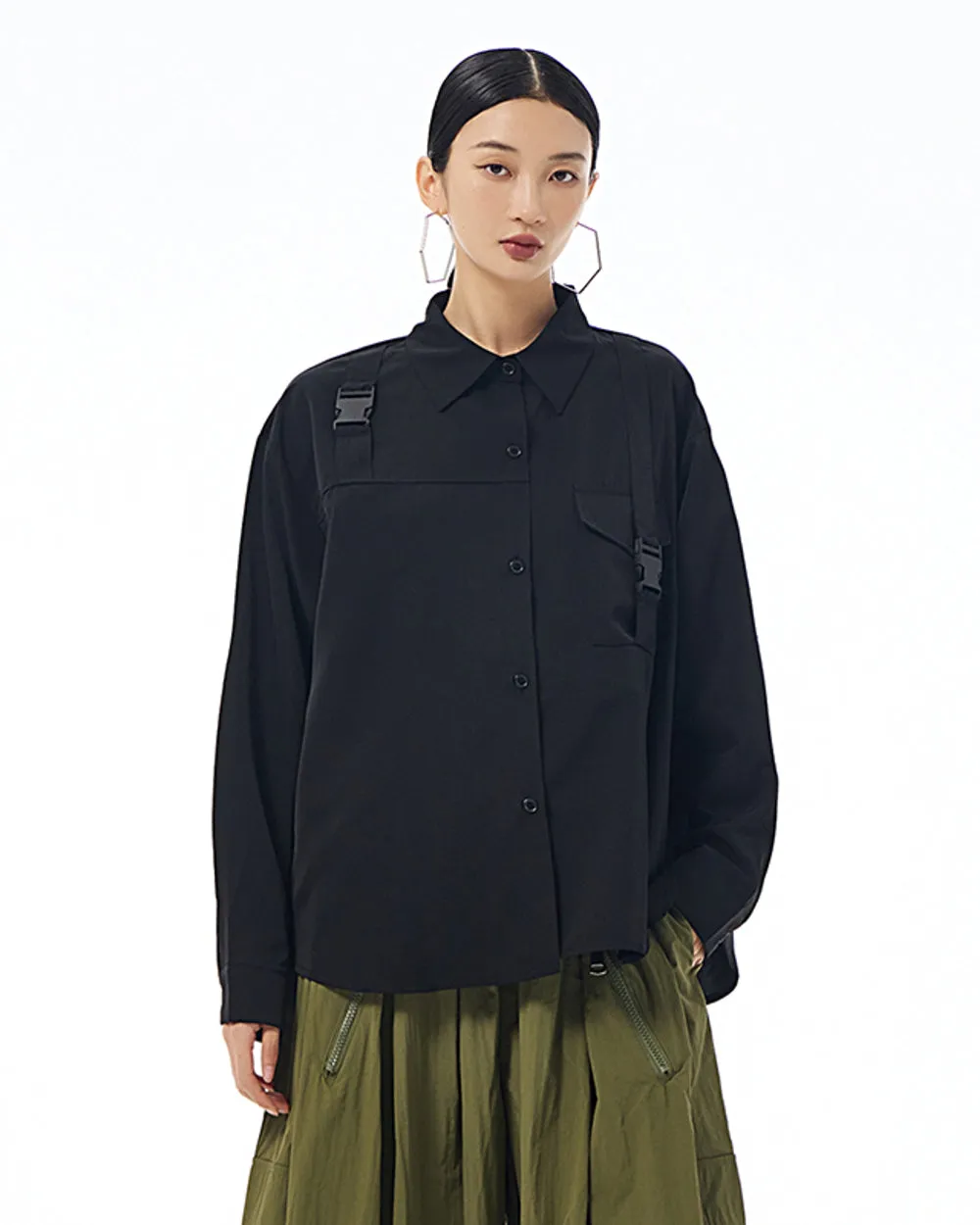 ellazhu Women's Long Sleeve Lapel Button Down Solid Color Pocket Loose Shirt GE37