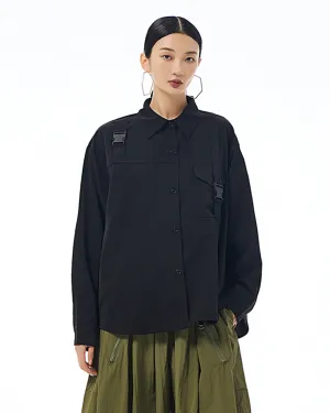 ellazhu Women's Long Sleeve Lapel Button Down Solid Color Pocket Loose Shirt GE37