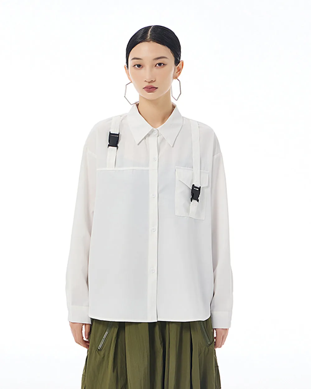 ellazhu Women's Long Sleeve Lapel Button Down Solid Color Pocket Loose Shirt GE37