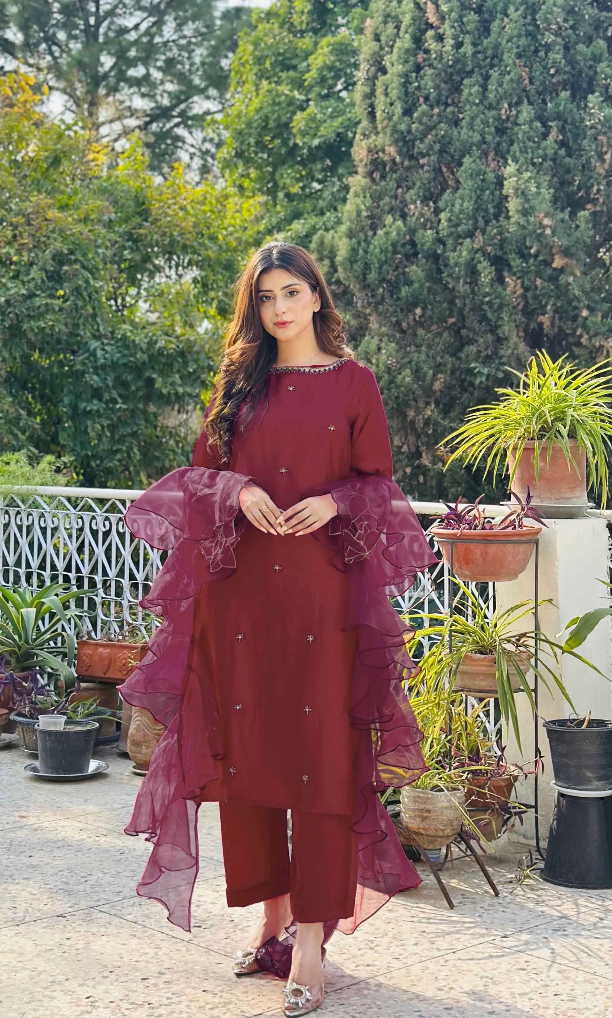 Emma: Maroon Dress 2PC With Crystal Hand Embellishment - 473