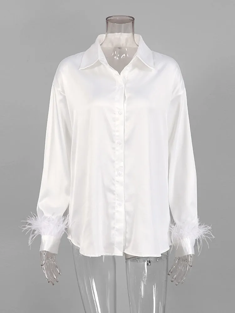 Fashion Elegant Long Sleeve Spliced Feathers Solid Ladies Tops Silk Satin Blouse