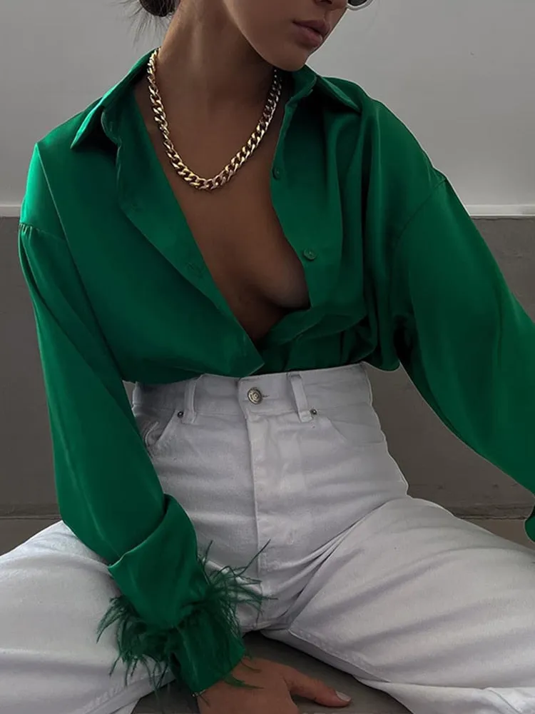 Fashion Elegant Long Sleeve Spliced Feathers Solid Ladies Tops Silk Satin Blouse
