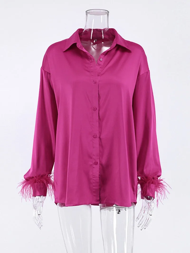 Fashion Elegant Long Sleeve Spliced Feathers Solid Ladies Tops Silk Satin Blouse