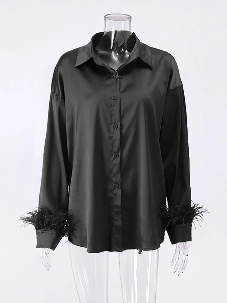 Fashion Elegant Long Sleeve Spliced Feathers Solid Ladies Tops Silk Satin Blouse
