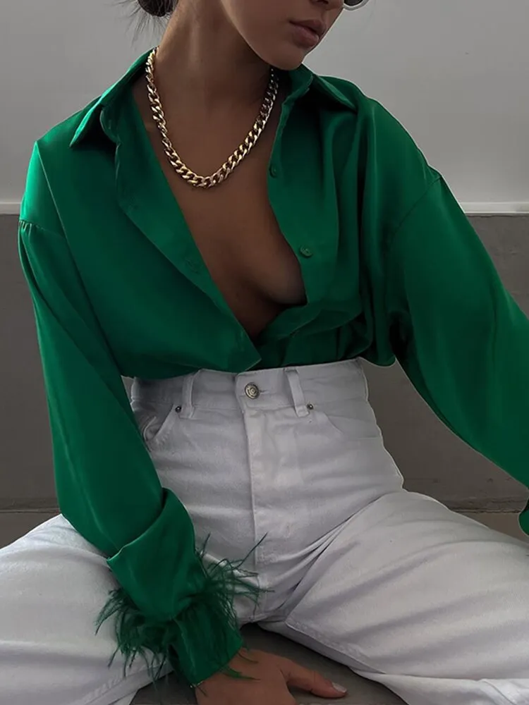 Fashion Elegant Long Sleeve Spliced Feathers Solid Ladies Tops Silk Satin Blouse