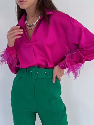 Fashion Elegant Long Sleeve Spliced Feathers Solid Ladies Tops Silk Satin Blouse