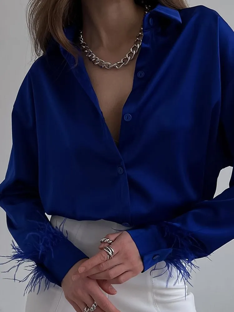 Fashion Elegant Long Sleeve Spliced Feathers Solid Ladies Tops Silk Satin Blouse
