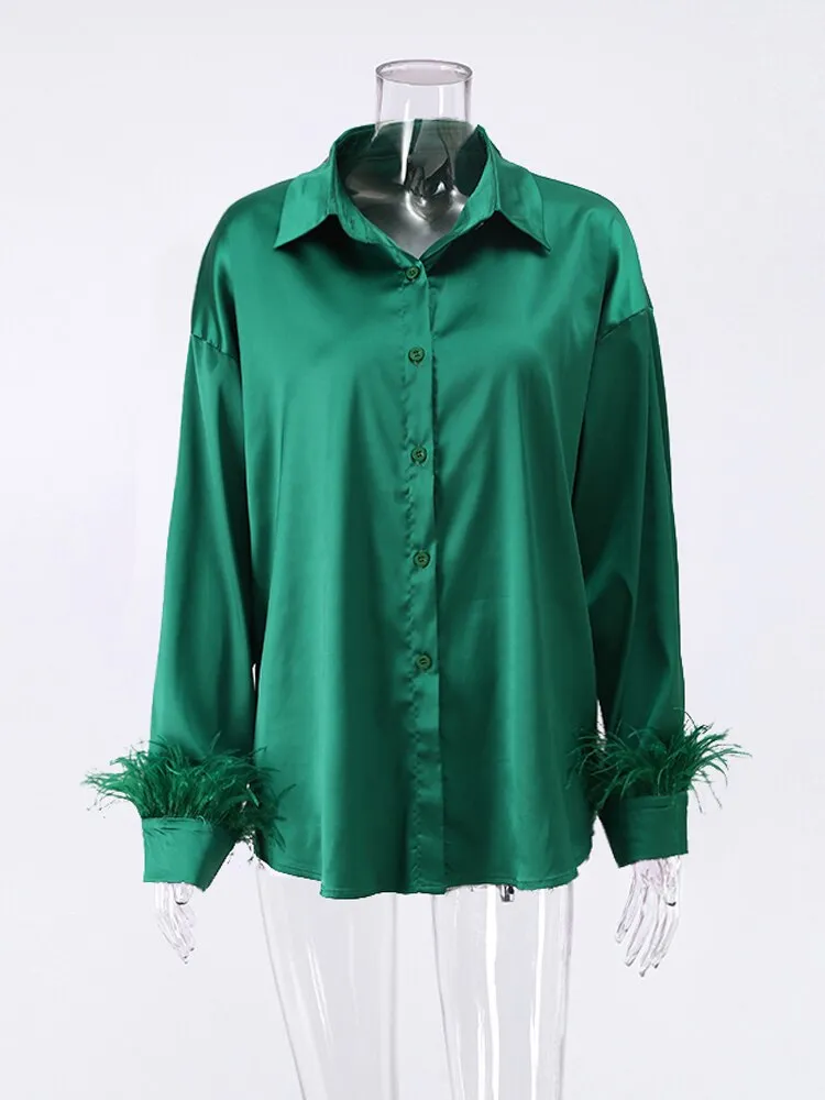 Fashion Elegant Long Sleeve Spliced Feathers Solid Ladies Tops Silk Satin Blouse