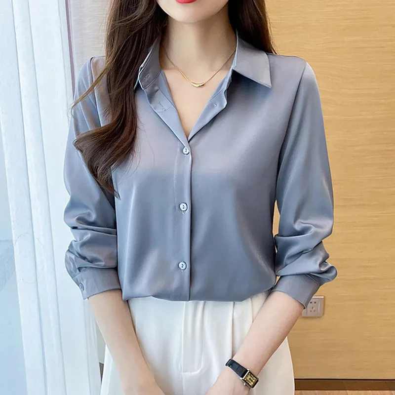 Fashion elegant satin shirts solid color ladies shirts causal Women's Blouses Spring Long Sleeve Shirts Tops Blusas Mujer
