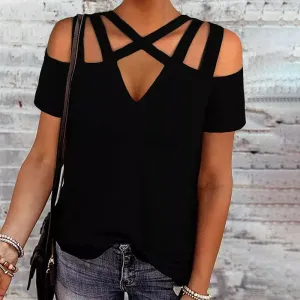 Fashion V-Neck Hollow Out Loose T-Shirt