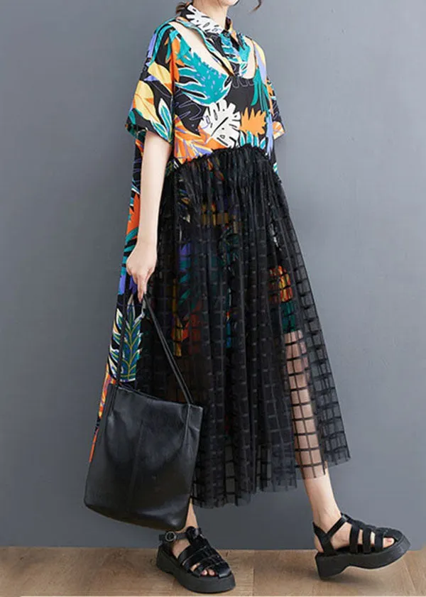 Floral Patchwork Long Tulle Shirts Dress Wrinkled Short Sleeve LY3960