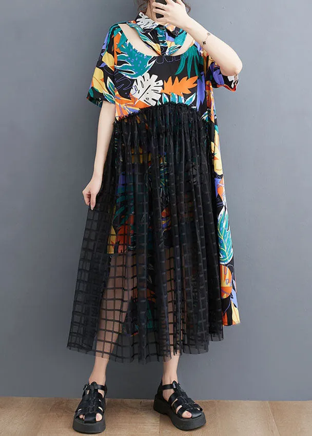 Floral Patchwork Long Tulle Shirts Dress Wrinkled Short Sleeve LY3960