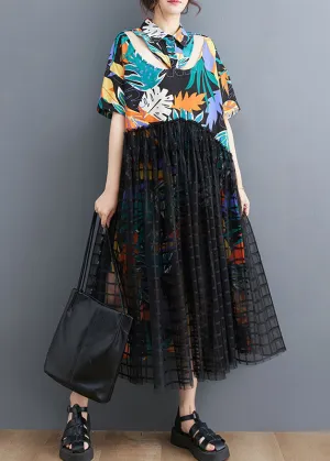 Floral Patchwork Long Tulle Shirts Dress Wrinkled Short Sleeve LY3960