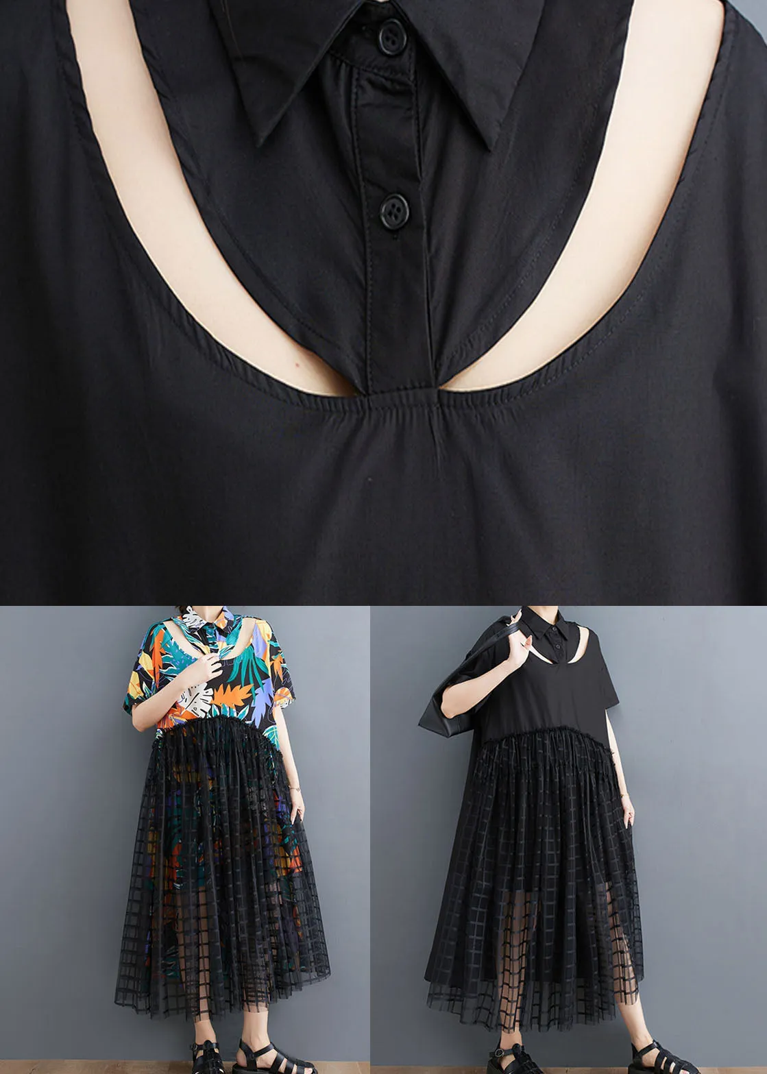 Floral Patchwork Long Tulle Shirts Dress Wrinkled Short Sleeve LY3960