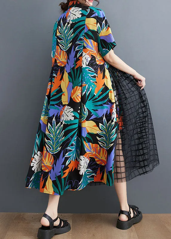 Floral Patchwork Long Tulle Shirts Dress Wrinkled Short Sleeve LY3960
