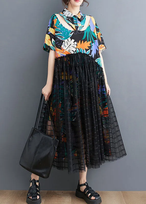 Floral Patchwork Long Tulle Shirts Dress Wrinkled Short Sleeve LY3960
