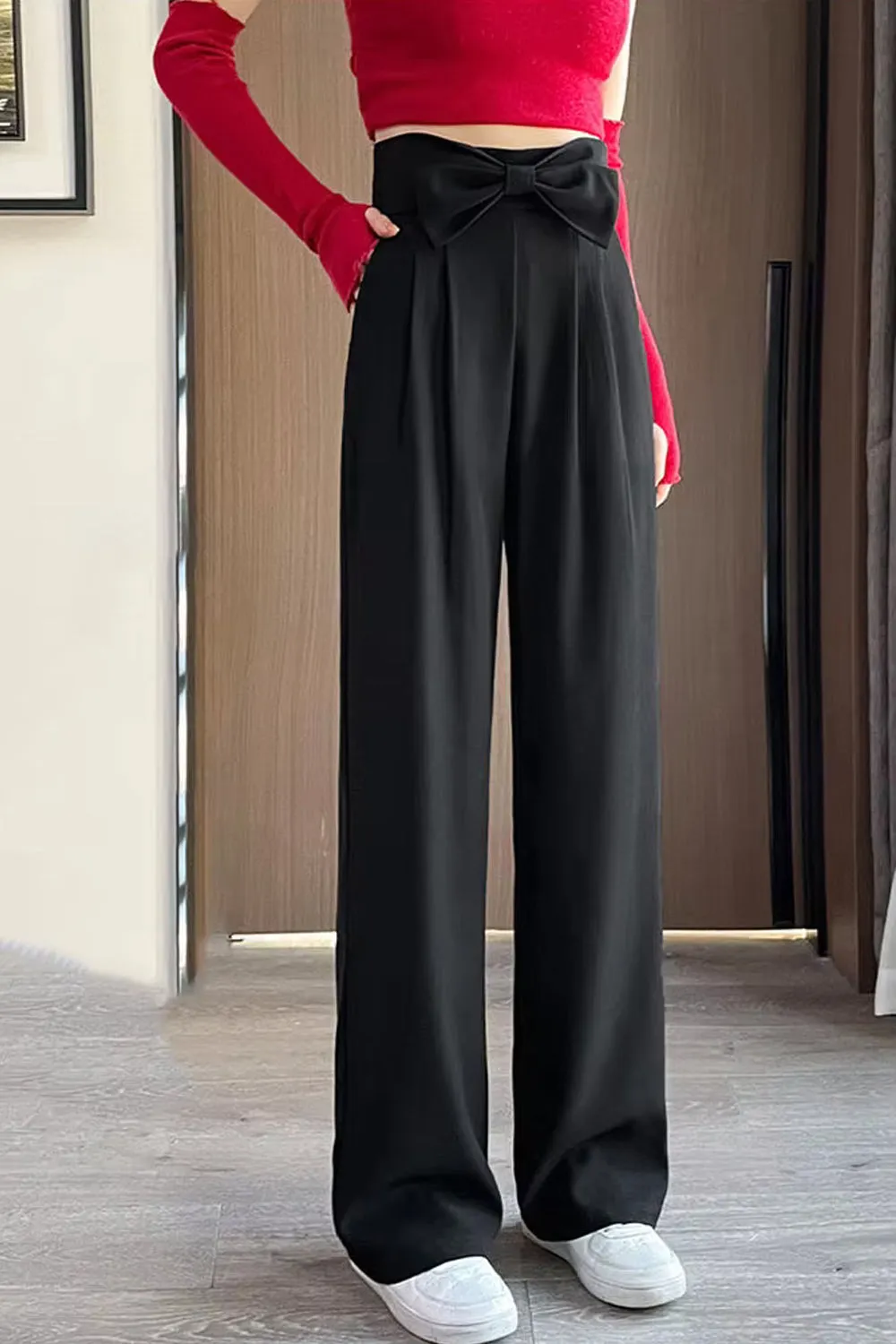 Flytonn-cute winter outfits casual winter outfits christmas outfit party look inspos High Waist Cute Bow Spliced Loose Office Pants