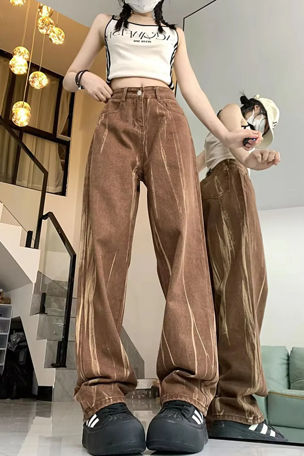 Flytonn-cute winter outfits casual winter outfits christmas outfit party look inspos High Waist Retro Brown Jeans Pants