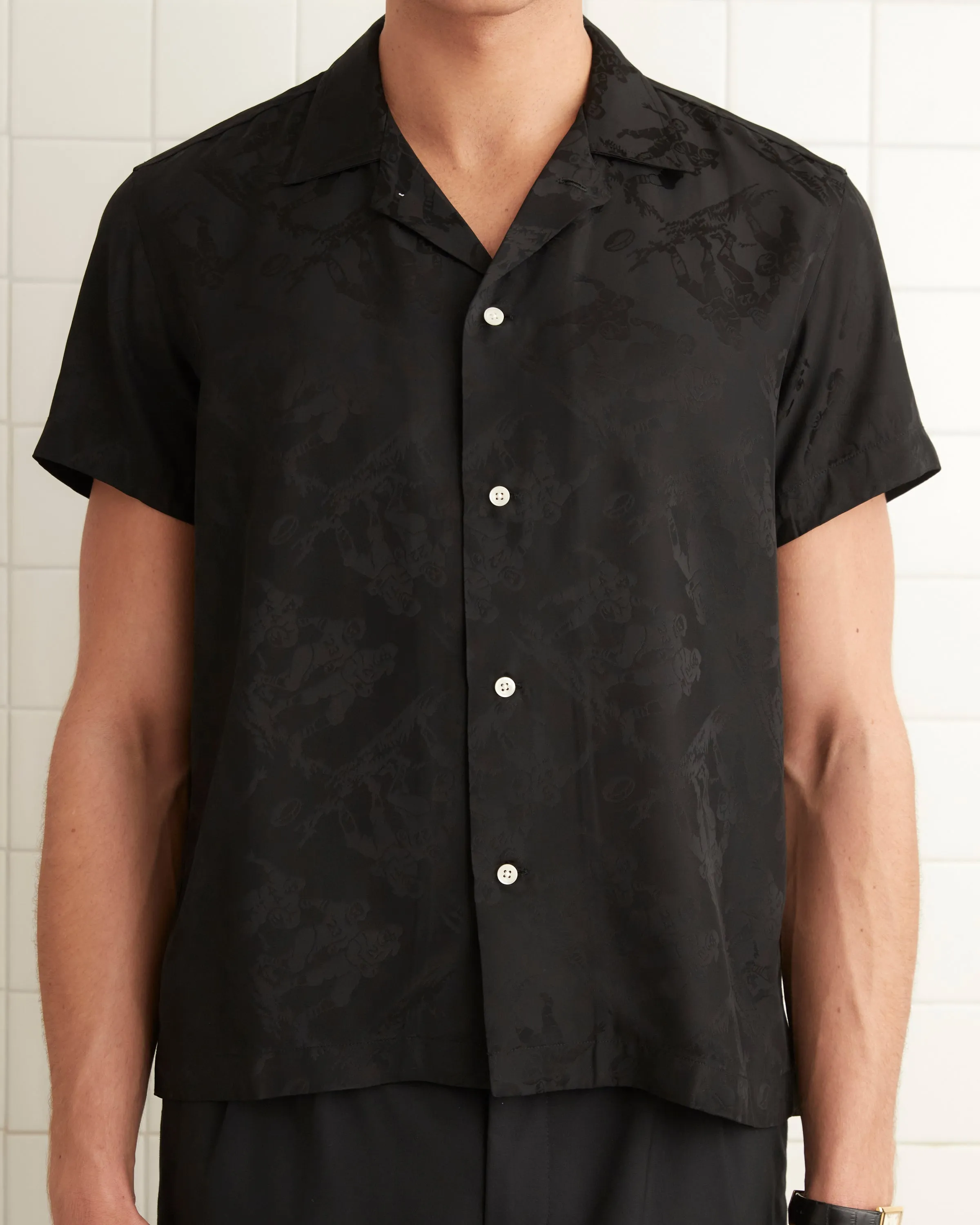 Football Jacquard Bowling Shirt - Black