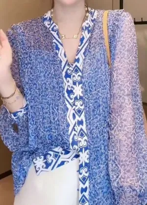 French Purple V Neck Print Patchwork Chiffon Shirts Summer LY2910