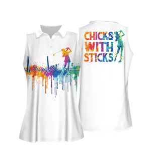 Golf Women Sleeveless Athleisure Polo Shirt, Watercolor Heart Beat, Chicks With Sticks Polo Shirt - Gift For Mother's Day, Golfers, Female, Golf Lover