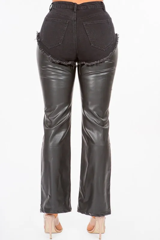 High Rise PU Patchwork Denim Pants