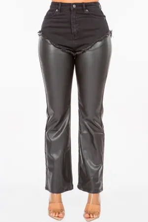High Rise PU Patchwork Denim Pants